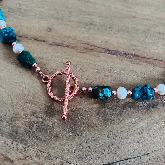 Genuine Turquoise and FreshwaterPearl Necklace with Solid Copper Beads & Clasp - Picture 7 of 12